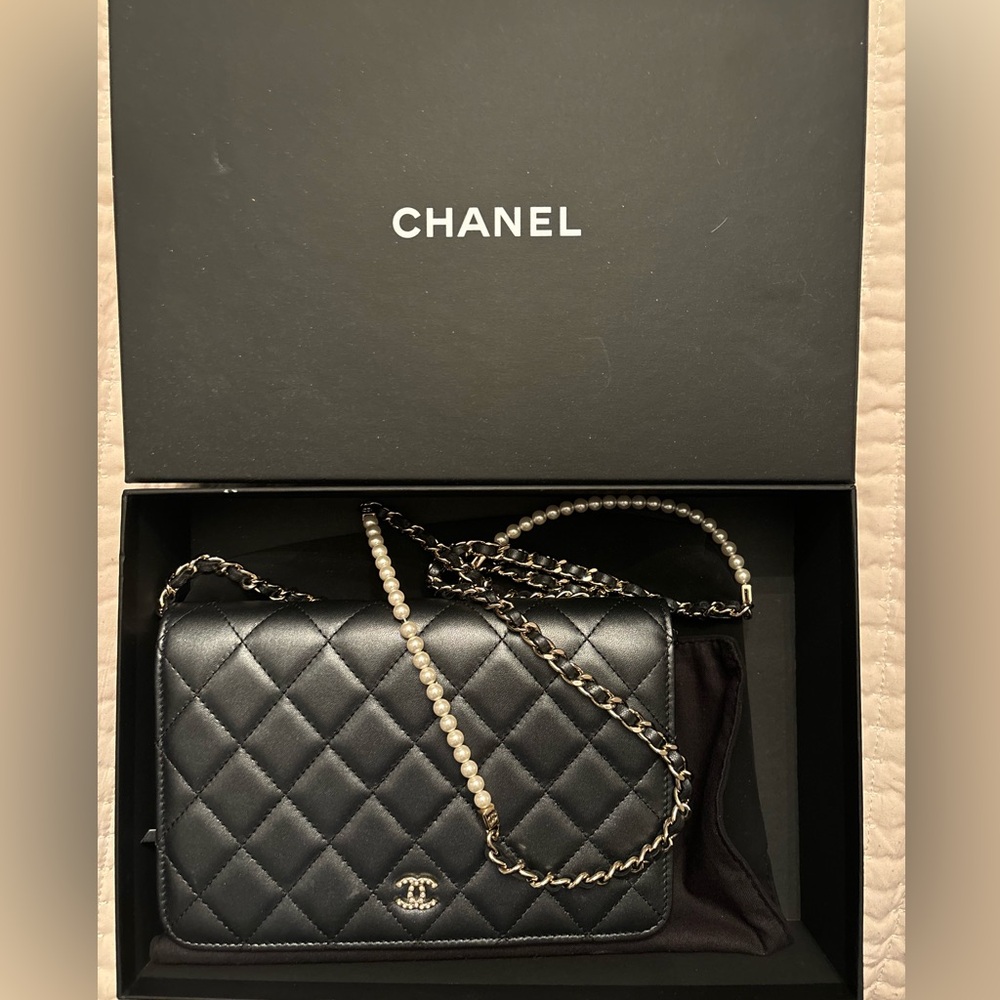 Chanel irradescent wallet with pearl chain.